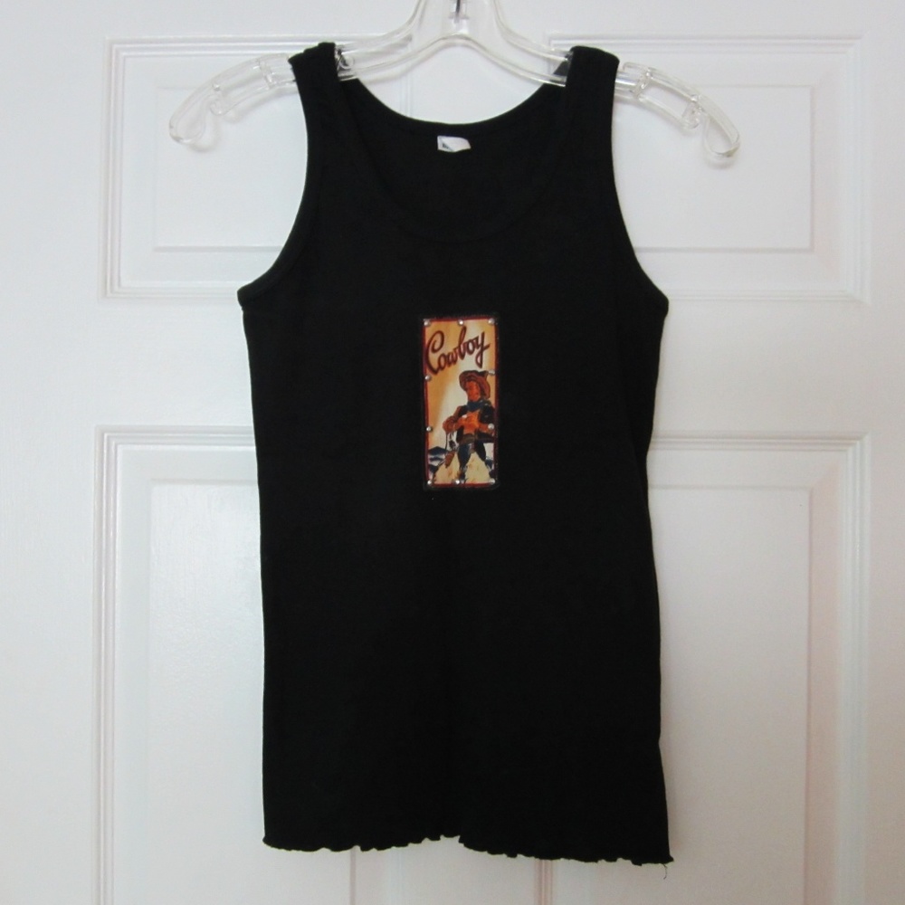 'Cowboy' Black Tank Top w/ Patch & Studs NWOT